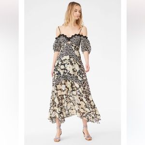 Rebecca Taylor mixed print off shoulder dress in black combo. Size 0. NWT